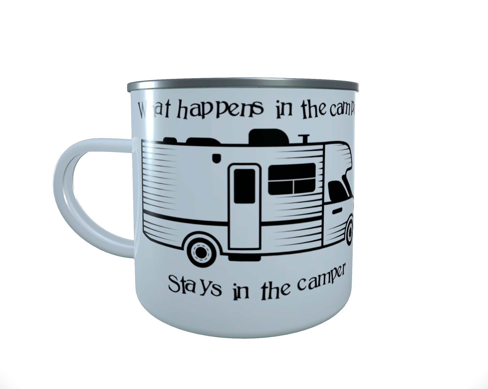 What Happens in the Camper.. 12oz enamel Mug, camping mug - Click Image to Close